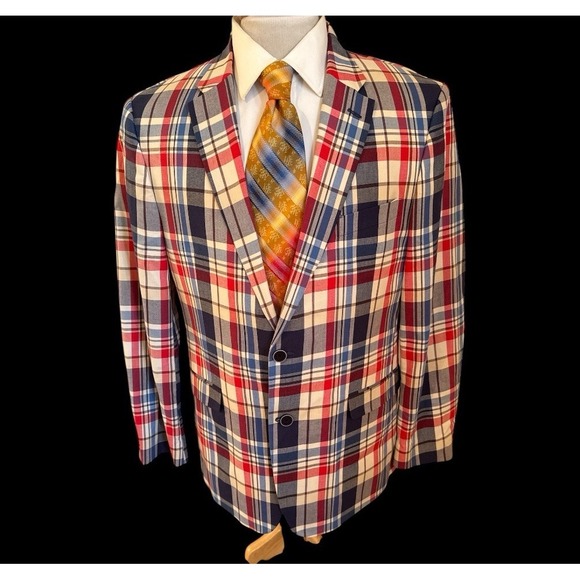 Tommy Hilfiger Mens Sz 42R Blazer Jacket Red White Blue Plaid Cotton Sport Coat - Picture 1 of 11